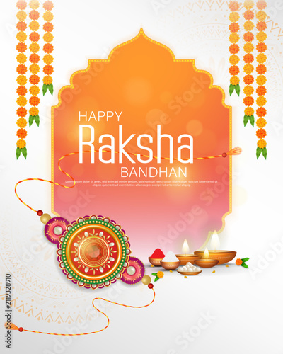 Happy raksha bandhan ceremony poster template design with decorative rakhi,diya sindoor and rice.