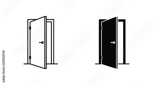Open door silhouette with lock black and white line art icon set