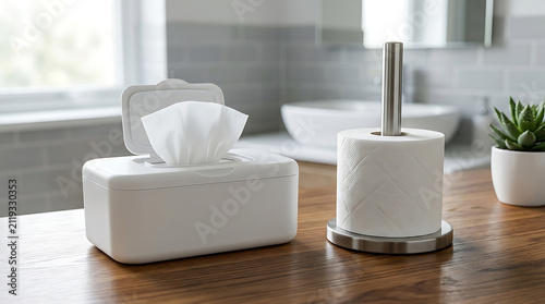 White wet wipes dispenser and toilet paper roll on wooden bathroom counter
