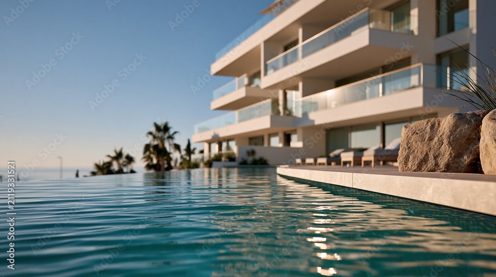 Fototapeta premium Luxury Modern Apartment Building with Infinity Pool and Ocean View on a Sunny Day