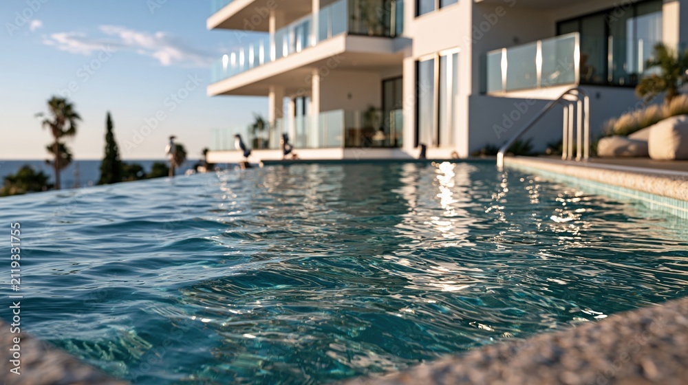 Obraz premium Luxury infinity pool with modern white villa and ocean view at sunset