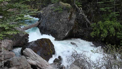 A narrow but swift-flowing river coursing through large rocks and trees within Los Glaciares National Park.