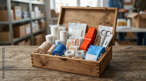 Wooden first aid kit containing medical supplies on a rustic wooden table
