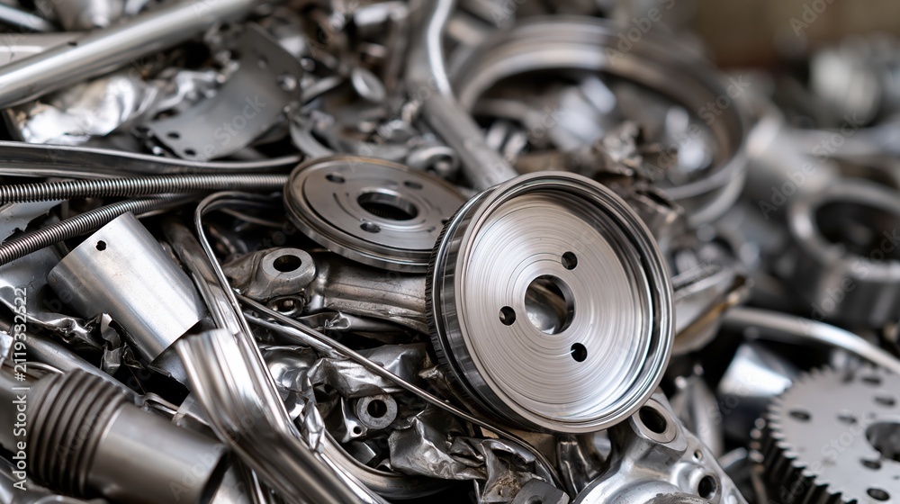Fototapeta premium Close-up abstract view of a pile of shiny, discarded metal machine parts and industrial scrap