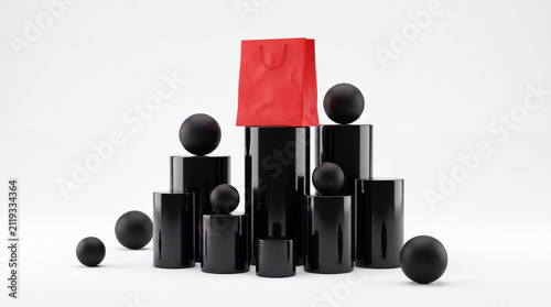 Red shopping bag on glossy black pedestals with matte spheres on white