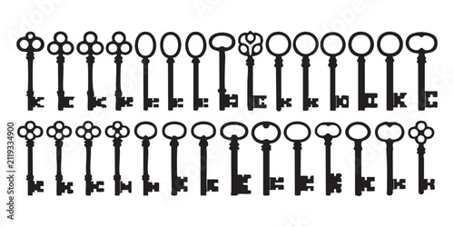 Fotografie Simple antique key silhouettes vector set small old skeleton keys for lock and security illustrations