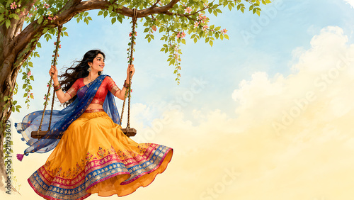 Cheerful woman celebrating happy hariyali teej and kajari teej on tree swing wearing colorful traditional dress with spacious bright sky background copy space
