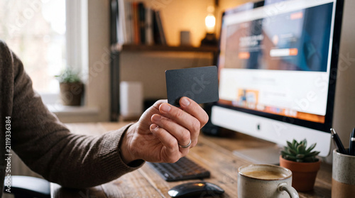 Man at a home desk holds a blank payment card while shopping on a desktop screen