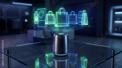 Smart speaker projects glowing shopping bag icons above a glass table