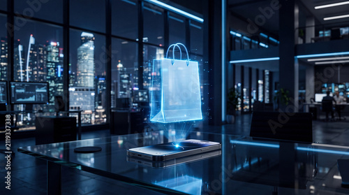 Glowing digital shopping bag rises from a smartphone on a glass desk