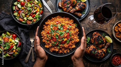 A delicious and vibrant overhead view of a variety of flavorful dishes, including chicken, rice, and fresh salads, perfect for a shared meal