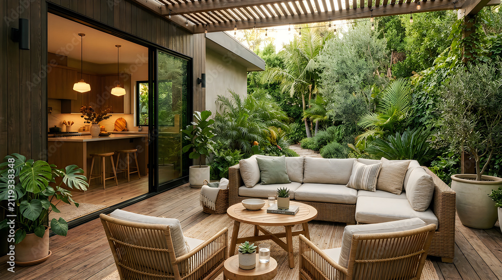 Fototapeta premium Modern outdoor living space with comfortable seating and greenery, outdoor furni