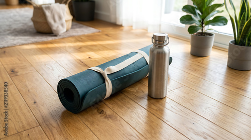 Rolled Yoga Mat and Metal Water Bottle on Wooden Floor at Home