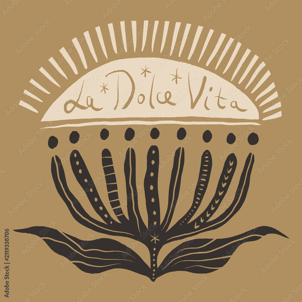Fototapeta premium Mediterranean summer la dolce vita typography lettering vector illustration, naive modern line art flowers with hearts and stars, italian sweet life phrase graphic artisanal boho text quote