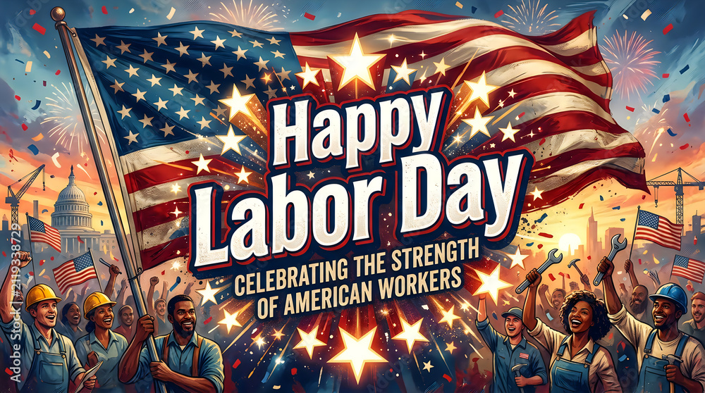 Naklejka premium Happy labor day celebration with american flag and workers, united states