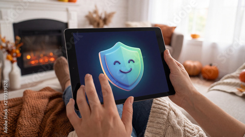 Hands hold a tablet showing a smiling shield icon in a cozy autumn room