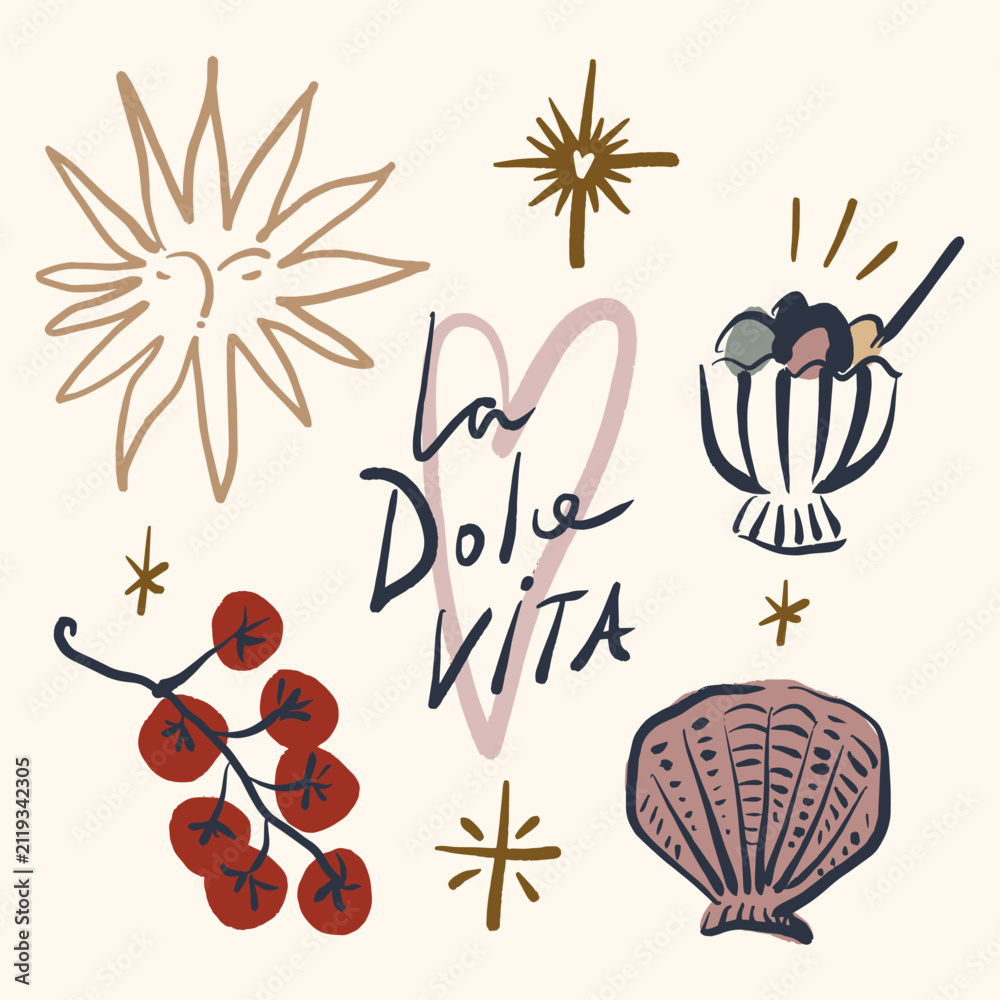 Fototapeta premium Doodle mediterranean summer vibe set with gelato ice cream, cherry tomatoes, seashell, sunburst face, heart, and la dolce vita lettering in artisanal vector