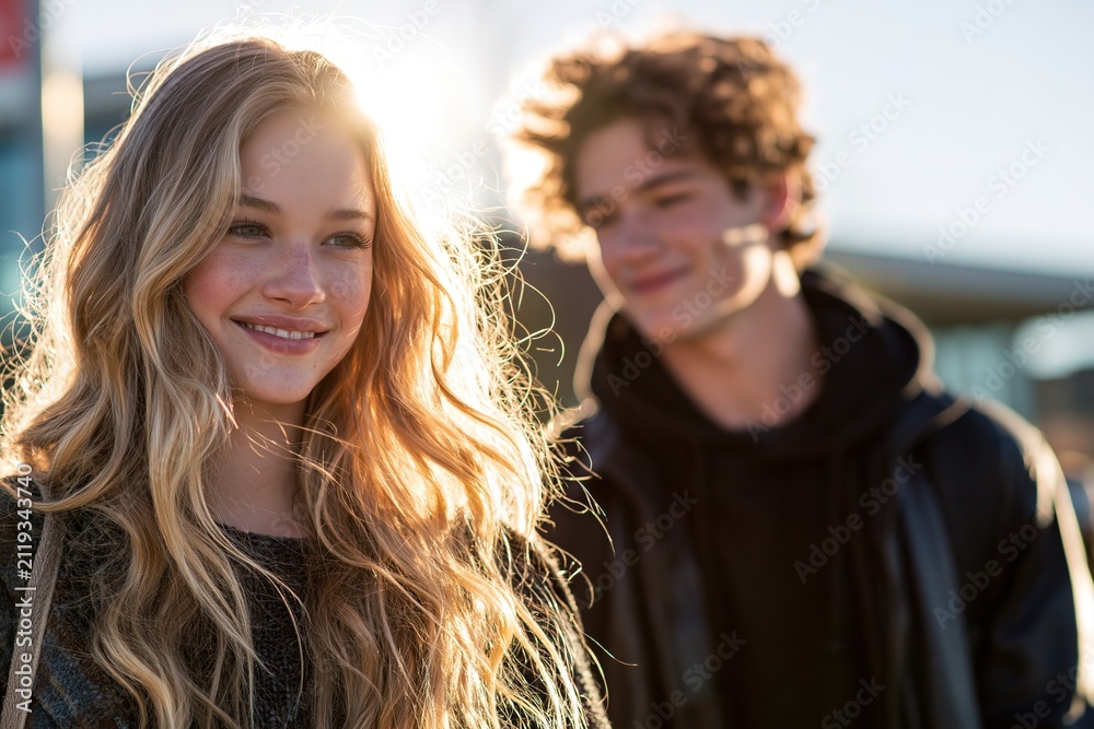 Fototapeta premium Sunlit Duo: A Girls Radiant Smile and Boys Smirk in the Background.