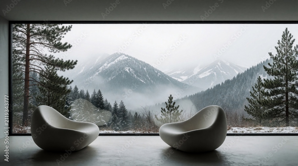 Obraz premium Minimalist living room interior features white modern organic chairs overlooking panoramic winter mountain landscape. Large window snowy forest peaks covered in fog. Quiet space offers calm