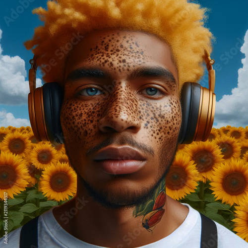Young red-haired African man wearing headphones and holding sunflowers.