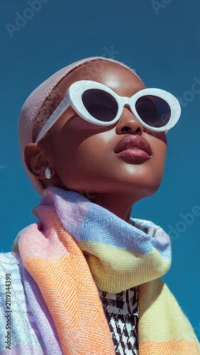 Female model in white vintage glasses and pastel dress.