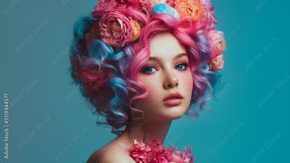 Obraz premium Portrait of a girl with colorful hair and flowers in her hair.