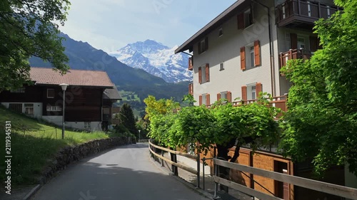 Quiet mountain lane past traditional Swiss chalets with lush greenery and snowcapped Alps in the background on a sunny day.