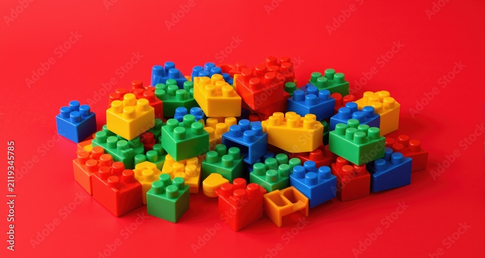 Fototapeta premium Colorful plastic building blocks on red background 