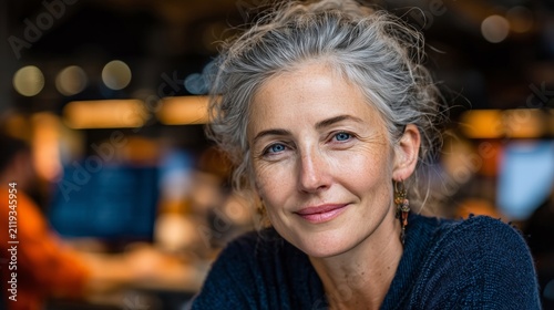Mature woman smiling, expressing confidence and elegance in an office setting