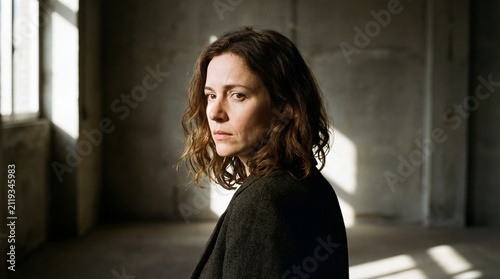 Woman with serious expression turning back in an empty concrete room