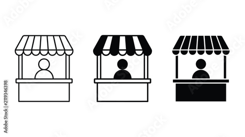 Three minimalist black and white vector icons showing a small market stall stand with a person inside for business