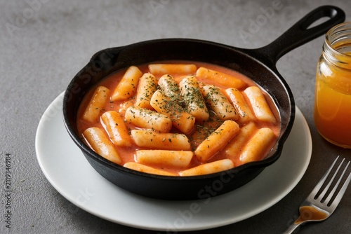 Rose tteokbokki with creamy spicy sauce served in black iron skillet pan. Traditional korean rice cakes cooked with red chili paste, dairy cream topped with dried parsley. Gourmet meal bowl on stone