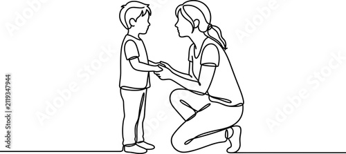 Continuous line drawing of a mother talking to her little son.
