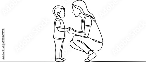 Continuous one line drawing of a mother and her young son holding hands.