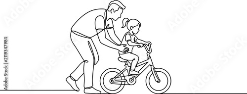 Father teaching his young daughter to ride a bicycle line art illustration.