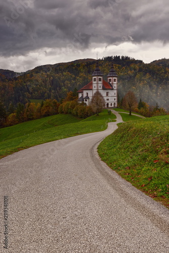 St.Volbenka in Logu parish church, Renaissance-Baroque from 1660-90 with two bell towers, their onion domes remade in 2006. Skofja Loka-Slovenia-164