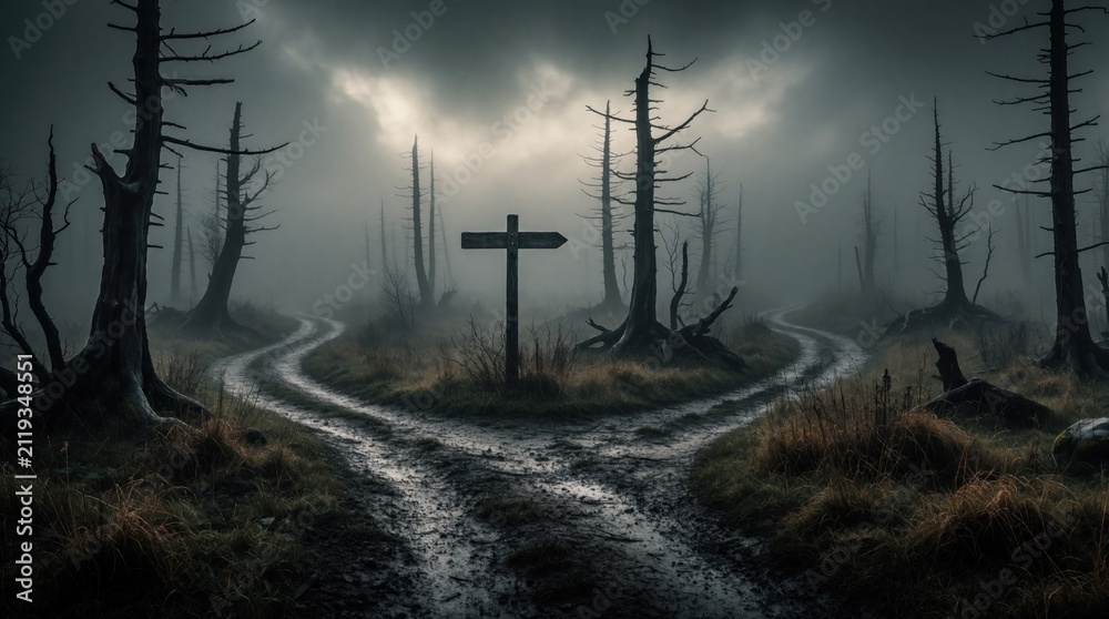 Obraz premium Lonely crossroad with two dirt paths winding into thick fog, dark forest. Dead trees stand along muddy trail in gloomy mood. Signpost indicates directions in eerie landscape. Mysterious concept