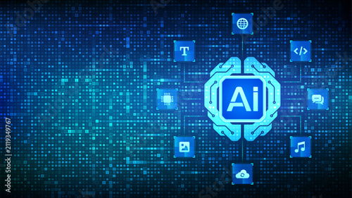 Artificial intelligence concept. Digital brain. AI chip connected to text, code, images, chat, cloud and media services. Neural network. Machine learning. Binary code background. Vector illustration.