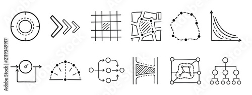 Collection of hand-drawn black doodle icons for systems thinking, data analysis, and strategic planning, featuring flowcharts, organizational charts, network diagrams, and graphs