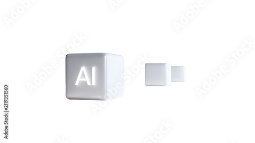 Glowing AI letter cube with light streaks and reflections in minimal 3D technology concept