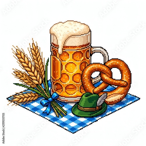 Traditional Oktoberfest pixel art with frothy beer mug, salty pretzel, wheat bundle, and Bavarian hat on a blue checkered tablecloth