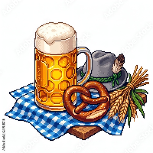 Pixel Art Illustration Featuring a Traditional German Beer Mug with Soft Foam Pretzels and Festive Bavarian Hat on a Checkered Cloth