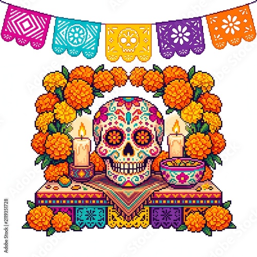 Pixel Art Day of the Dead Altar with Colorful Sugar Skull and Marigolds Celebration