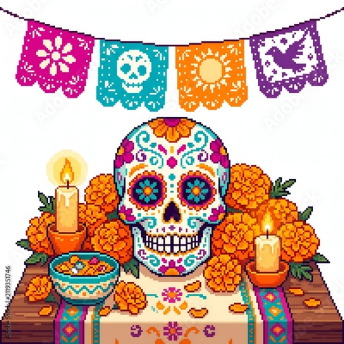 Pixel Art Dia De Los Muertos Altar Arrangement with Colorful Sugar Skull Marigolds Candles and Festive Papel Picado Bunting