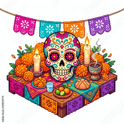 Colorful Pixel Art Day of the Dead Altar Arrangement with Decorated Sugar Skull, Marigolds, and Traditional Offerings