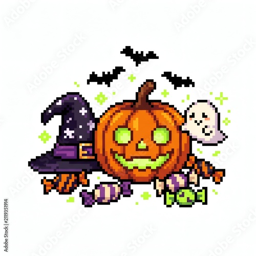 Pixel art Halloween collection with glowing carved pumpkin jack o lantern witch hat cute ghost bats and candies retro 8-bit game illustration