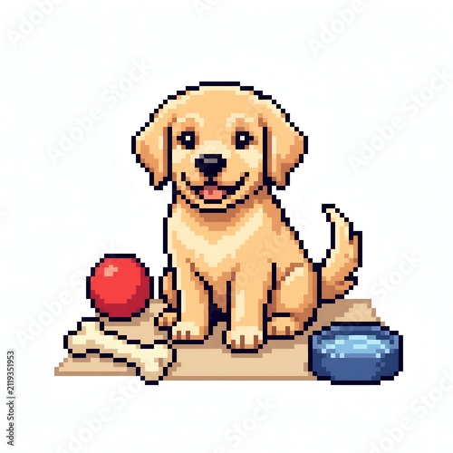 Cute Golden Retriever Puppy Sitting with Bone Ball and Water Bowl Pixel Art Illustration