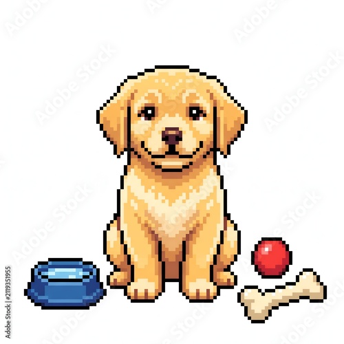 Cute Pixel Art Golden Retriever Puppy with Pet Bowl Bone and Ball Illustration