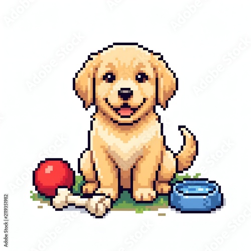 Pixel art golden retriever puppy sitting with toy ball and bone centerpiece high resolution 2K digital sprite