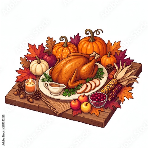 Traditional Thanksgiving Dinner Feast Centerpiece Illustration with Roasted Turkey, Pumpkins, Autumn Leaves, and Harvest Food